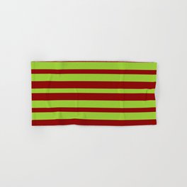 [ Thumbnail: Green and Dark Red Colored Pattern of Stripes Hand & Bath Towel ]