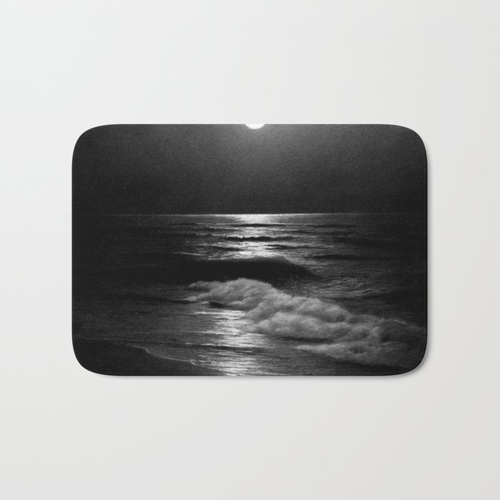 The summer sea moonlit coastal beach and waves with full moon black and white seascape photograph / photography by Rudolf Eickemeyer Jr. Bath Mat