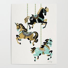 Carousel Horses – Mint & Gold Palette Poster
