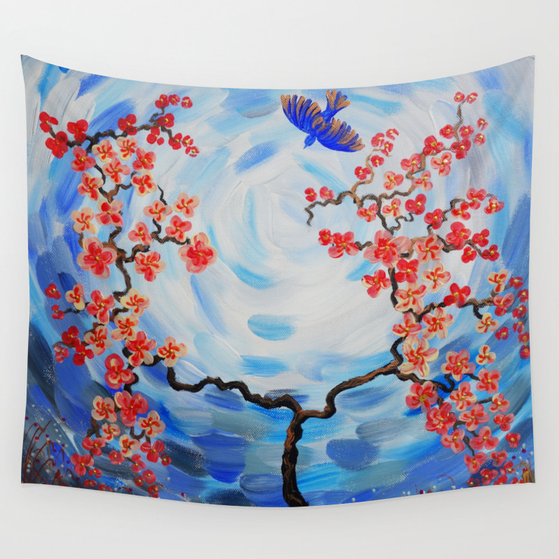 Blue Sky Red Cherry Blossom Tree Bird Painting By Ksavera Wall