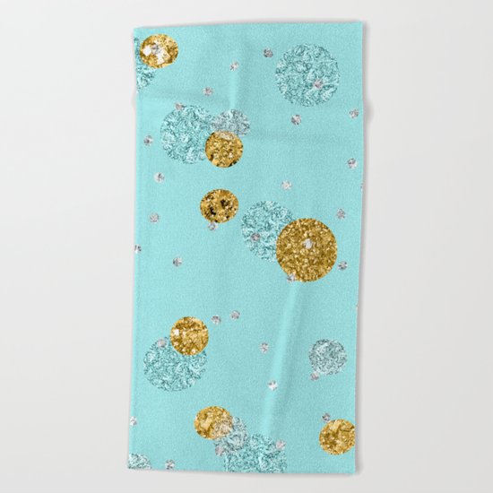 Treasures on aqua - Gold glitter polkadots on turquoise background Beach Towel