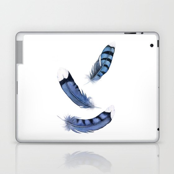 Falling Feather, Blue Jay Feather, Blue Feather watercolor painting by Suisai Genki Laptop & iPad Skin