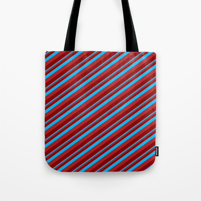 Deep Sky Blue, Red & Dark Red Colored Lines Pattern Tote Bag
