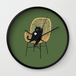 Lazy cat 2b Green enjoy coffee on rattan chair  Wall Clock | Rattanfurniture, Drawing, Plant, Rattan, Cat, Curated, Enjoy, Armygreen, Coffee, Cute 