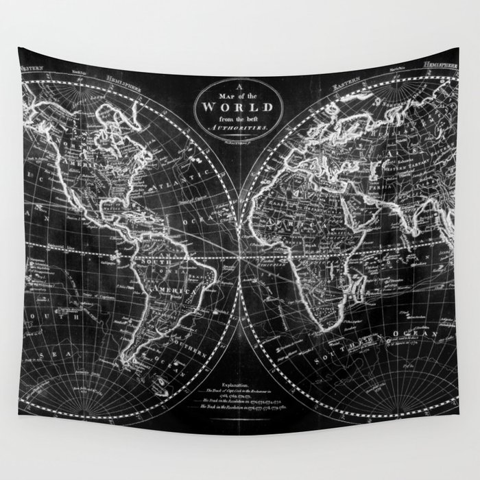 Black and White World Map (1795) Inverse Wall Tapestry