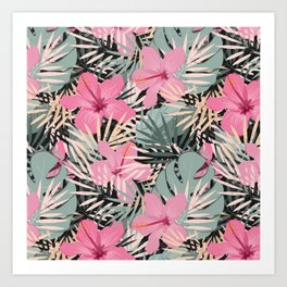 Floral Summer Pattern Background With Tropical Palm Leaves And Flowers Art Print