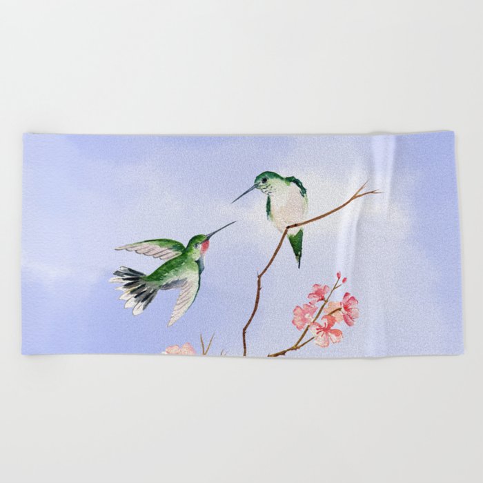 Hummingbird Romance 3 On Blue Sky Background  Beach Towel