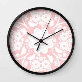 Retro Modern Butterflies And Flowers Silhouette Bandana Pink Wall Clock