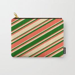 [ Thumbnail: Beige, Dark Green & Red Colored Lined Pattern Carry-All Pouch ]