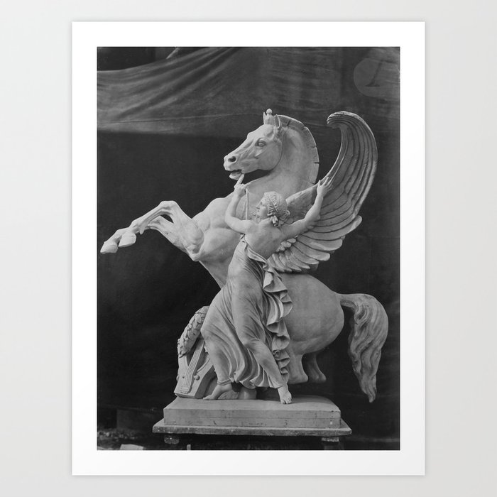 Mythical Pegasus and goddess Paris opera house decoratives winged horse black and white photograph - photography - photographs opera statues by Louis Emile Durandelle Art Print