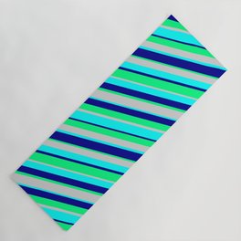 [ Thumbnail: Light Gray, Cyan, Dark Blue & Green Colored Lines Pattern Yoga Mat ]