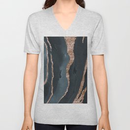 Watercolor Blue Gray And Gold Glitter Liquid Marble Abstract Pattern V Neck T Shirt