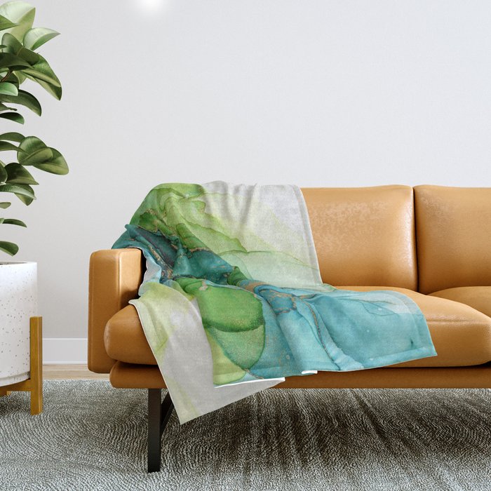 Green Blue Gold Abstract Ink Painting Throw Blanket