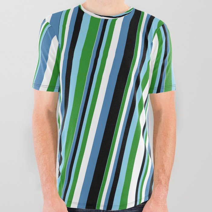 Eye-catching Sky Blue, Forest Green, White, Blue & Black Colored Lined Pattern All Over Graphic Tee