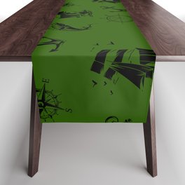 Green And Black Silhouettes Of Vintage Nautical Pattern Table Runner