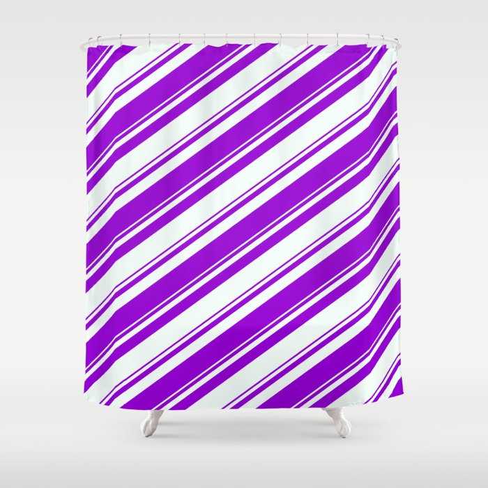 Dark Violet and Mint Cream Colored Pattern of Stripes Shower Curtain