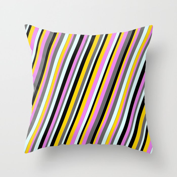 Eye-catching Violet, Dim Grey, Light Cyan, Black & Yellow Colored Lined Pattern Throw Pillow