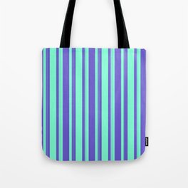[ Thumbnail: Aquamarine & Slate Blue Colored Lines Pattern Tote Bag ]
