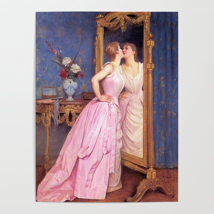 Kiss off!  French belle kissing mirror (vanity) in Parisienne Salon epoque female portrait oil painting by Auguste Toulmouche for home, bedroom and wall decor Poster