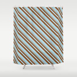 [ Thumbnail: Brown and Light Blue Colored Stripes/Lines Pattern Shower Curtain ]