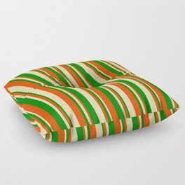 [ Thumbnail: Red, Tan, and Green Colored Striped Pattern Floor Pillow ]
