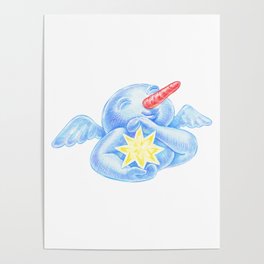Pencil illustration of a cute smiling snowman with angel wings and the Bethlehem Christmas star in his hands Poster