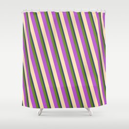 [ Thumbnail: Colorful Slate Blue, Dark Slate Gray, Green, Orchid & Beige Colored Striped Pattern Shower Curtain ]