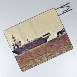 Aircraft Carrier Arrival In Weathered Picnic Blanket