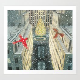 Red and Lulu and the Rockefeller Center Christmas Tree Art Print