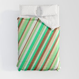 [ Thumbnail: Eye-catching Green, Sienna, Tan, Light Green, and Mint Cream Colored Striped/Lined Pattern Comforter ]