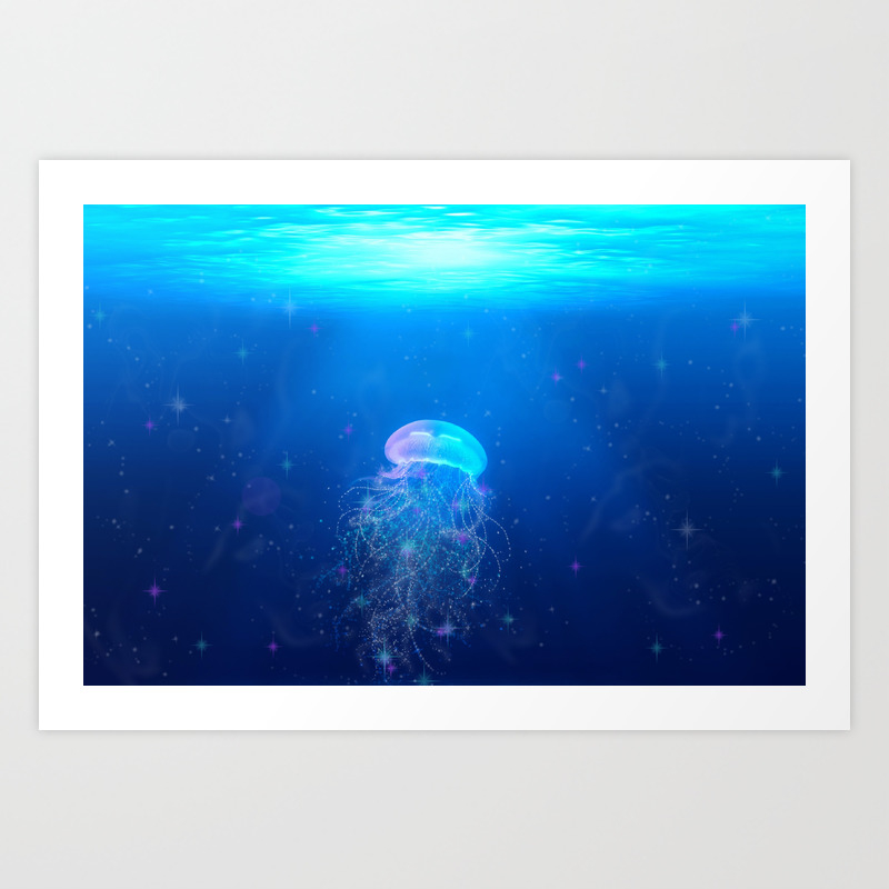 Glowing And Sparkling Blue Jellyfish Swimming In Mystical Deep Blue Ocean Art Print