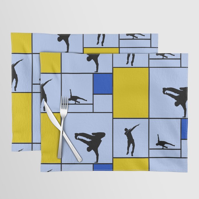 Street dancing like Piet Mondrian - orange, and blue on the light blue background Placemat
