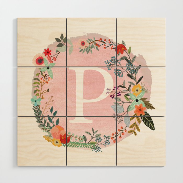 Flower Wreath With Personalized Monogram Initial Letter P On Pink Watercolor Paper Texture Artwork Wood Wall Art By Aba2life Society6 - Personalized Monogram Wooden Wall Art