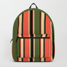 [ Thumbnail: Dark Olive Green, Tan, Red, and Black Colored Striped Pattern Backpack ]