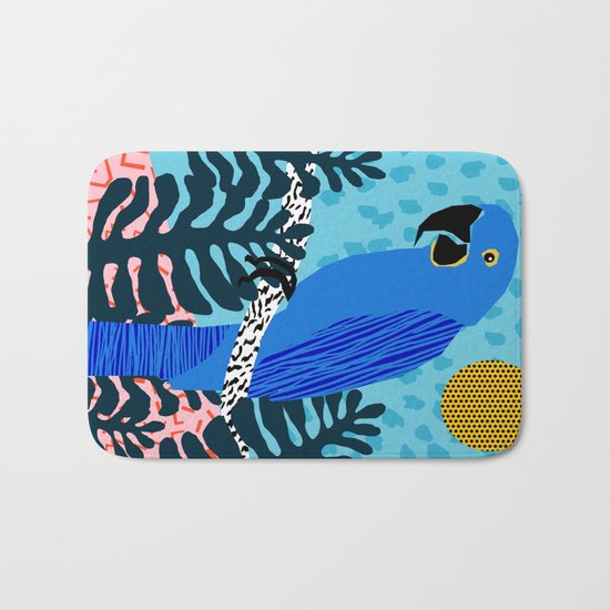Steaz - memphis throwback tropical retro minimal bird art 1980s 80s style pattern parrot fashion Bath Mat