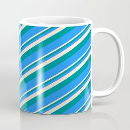 [ Thumbnail: Beige, Dark Cyan, and Blue Colored Lined Pattern Coffee Mug ]