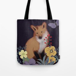 Cute red fox, butterfly and flowers Tote Bag