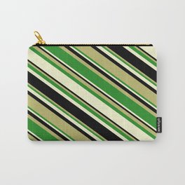 [ Thumbnail: Dark Khaki, Forest Green, Light Yellow, and Black Colored Pattern of Stripes Carry-All Pouch ]