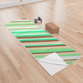 [ Thumbnail: Eye-catching Green, Sienna, Tan, Light Green, and Mint Cream Colored Striped/Lined Pattern Yoga Towel ]