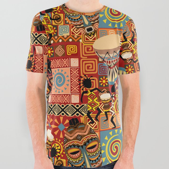 African Masks and Tribal Elements Decorative Pattern All Over Graphic Tee