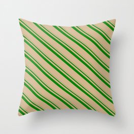 [ Thumbnail: Green & Tan Colored Pattern of Stripes Throw Pillow ]