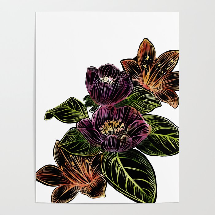 4 Flower Bouquet Linocut Poster