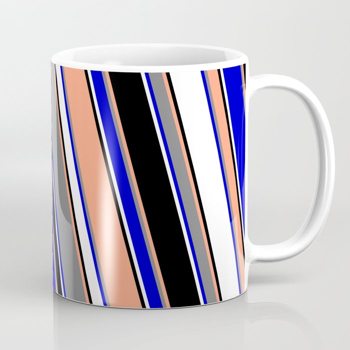 Vibrant Light Salmon, Gray, Blue, White & Black Colored Lined/Striped Pattern Coffee Mug