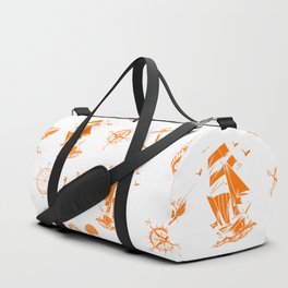 Orange Silhouettes Of Vintage Nautical Pattern Duffle Bag