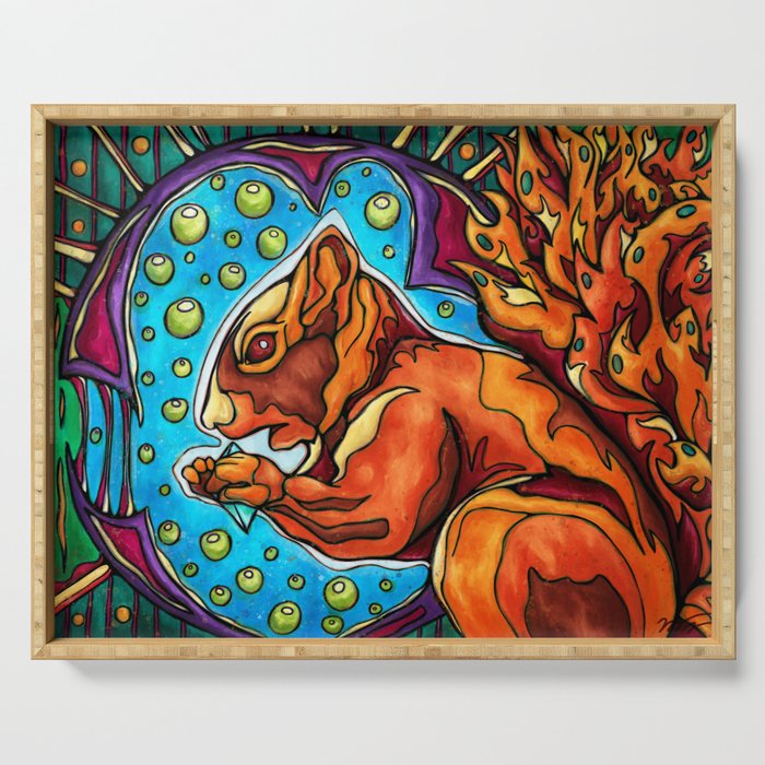 Red squirrel in futuristic forest painting Serving Tray
