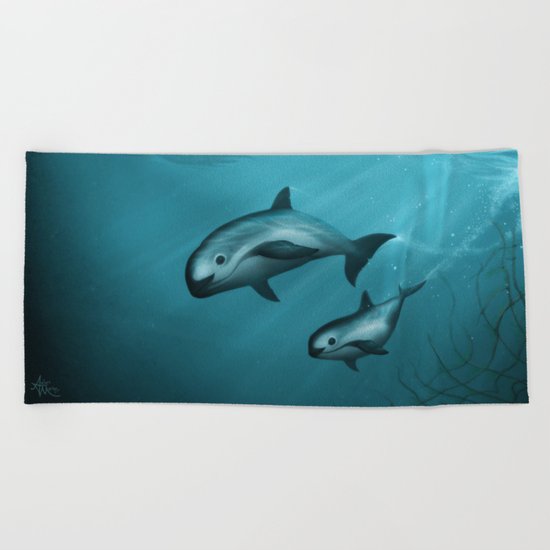 Treacherous Waters - Vaquita Porpoise Art, Original Digital Painting by Amber Marine, (c) 2015 Beach Towel