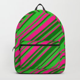 [ Thumbnail: Deep Pink, Green & Lime Green Colored Lines Pattern Backpack ]