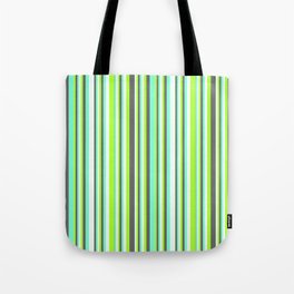 [ Thumbnail: Light Green, Dim Grey, Aquamarine, and Mint Cream Colored Stripes Pattern Tote Bag ]