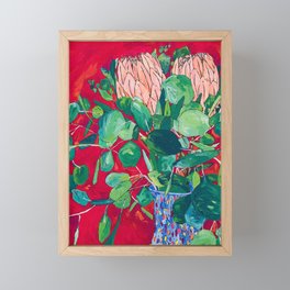 Two Proteas on Red, Pink, and Purple Floral Still Life with Fynbos Framed Mini Art Print