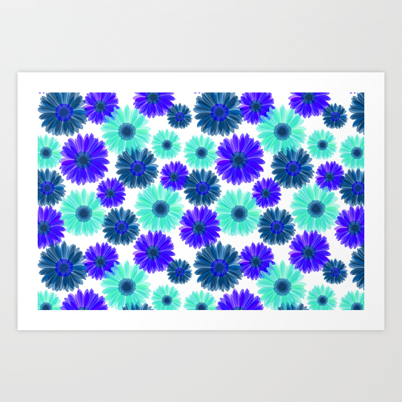 Aqua Purple Blue Sunflowers Gerbera Daisy Bold Flower Pattern On White Art Print By Pipafineart Society6